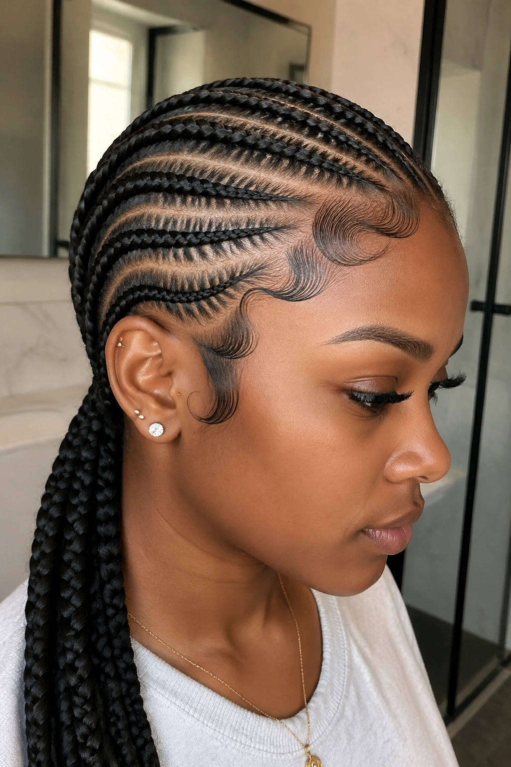 Real woman with ornate edges design and swooped baby hairs matching cornrow direction.