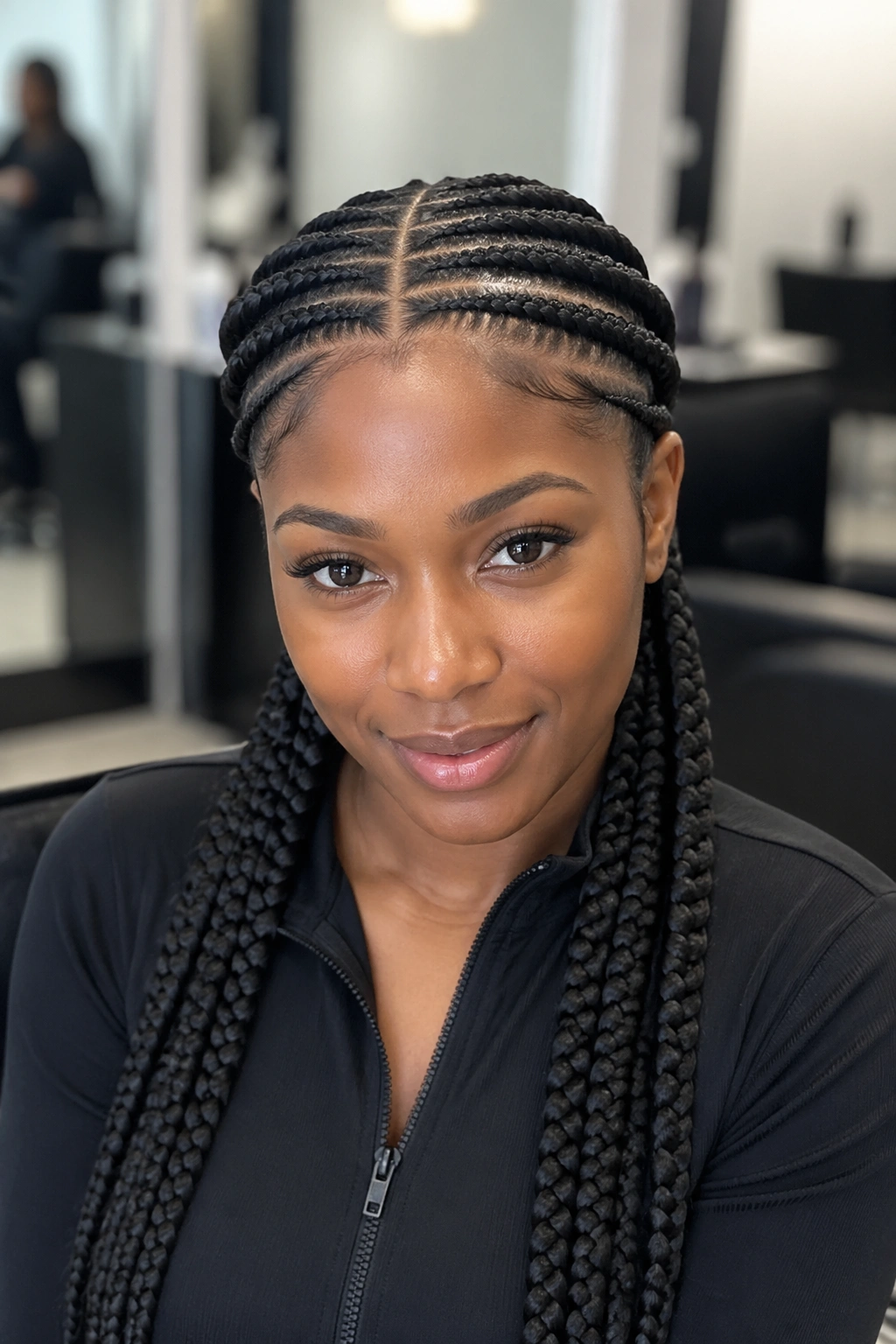 Close-up of stitch cornrows with feed-in extensions on a real woman's scalp
