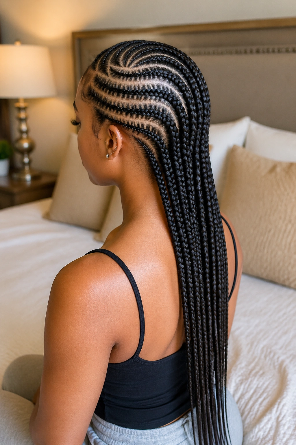 Back/side portrait of feed-in length stitch cornrows on a real woman with long extensions