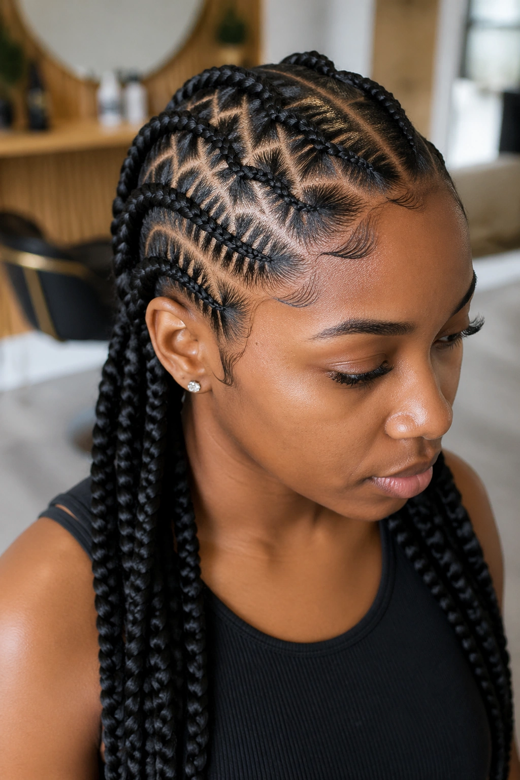 Real woman with stitch cornrows featuring geometric parting patterns along the scalp.