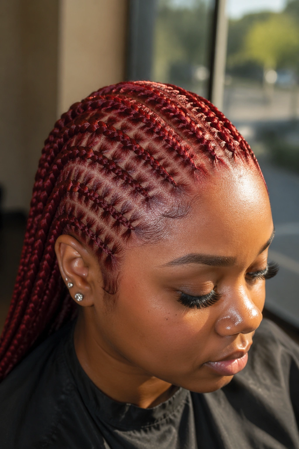 Close-up portrait showing stitch cornrows and textured light.