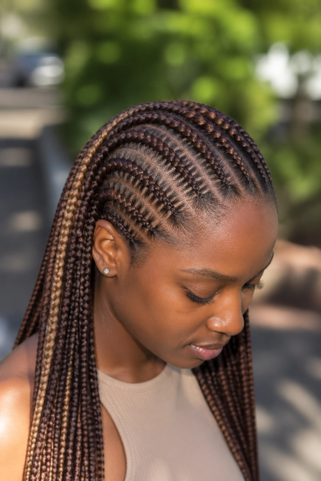 Close-up of stitch cornrows with highlighted caramel sections on a real person in sunlight