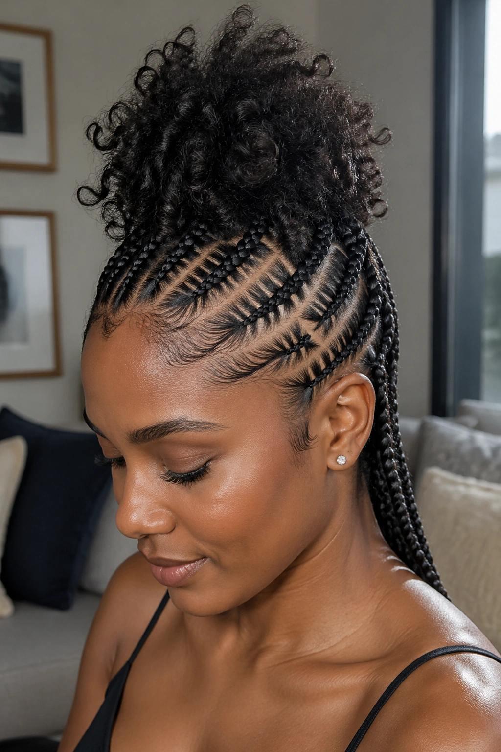 Real woman with stitch cornrows on the sides and back and a loose topknot.
