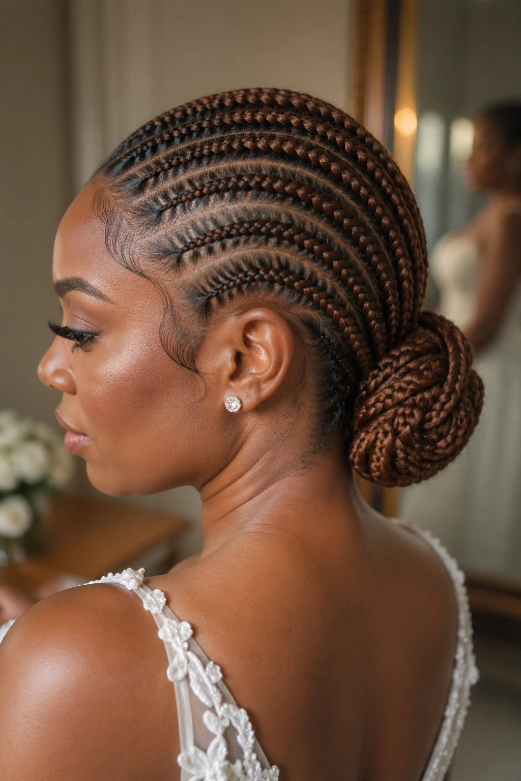 Close-up of stitch cornrows forming a low bun at the nape in brown extensions on a real woman