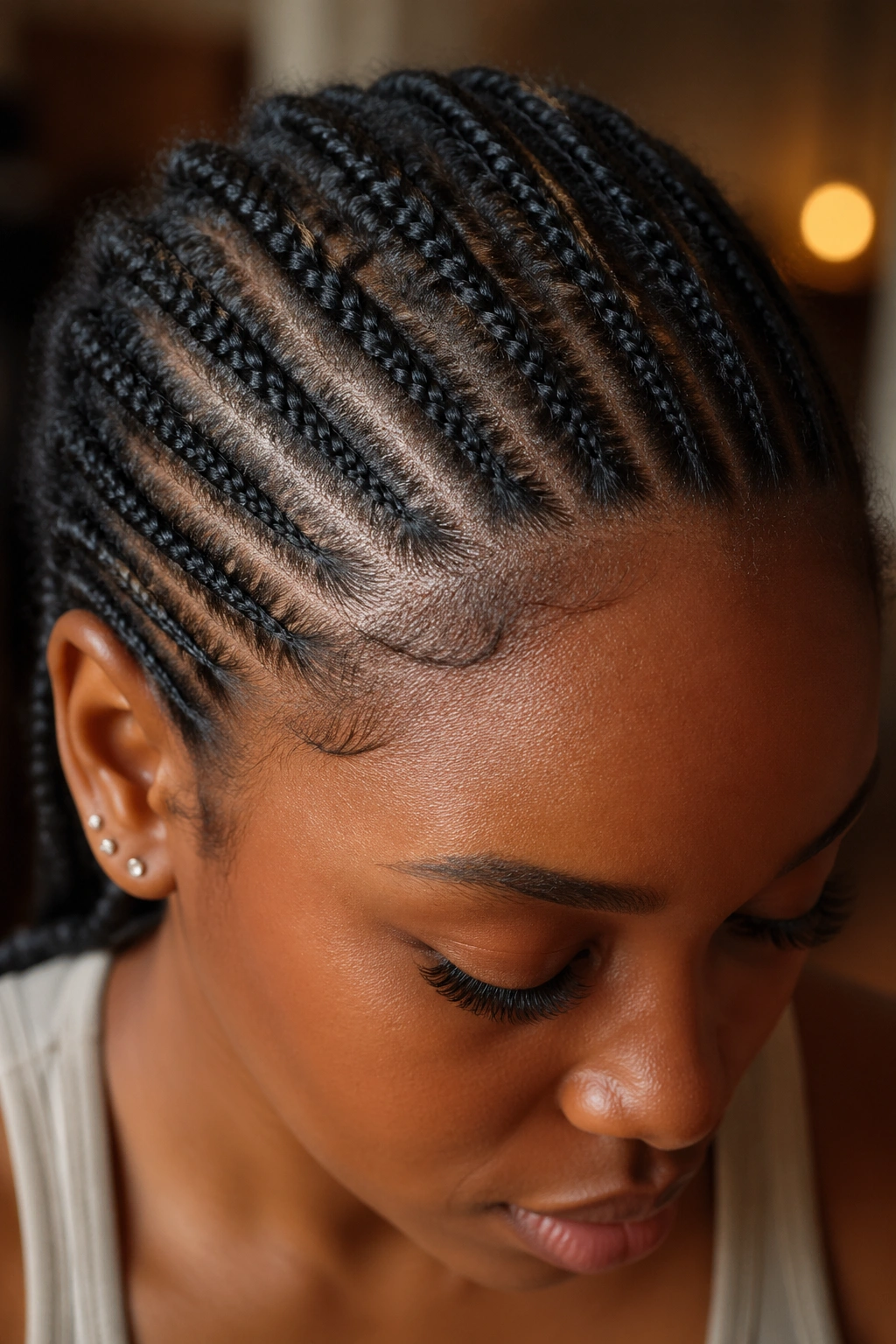 Close-up of a real woman with 4A-4C natural hair in stitch cornrows