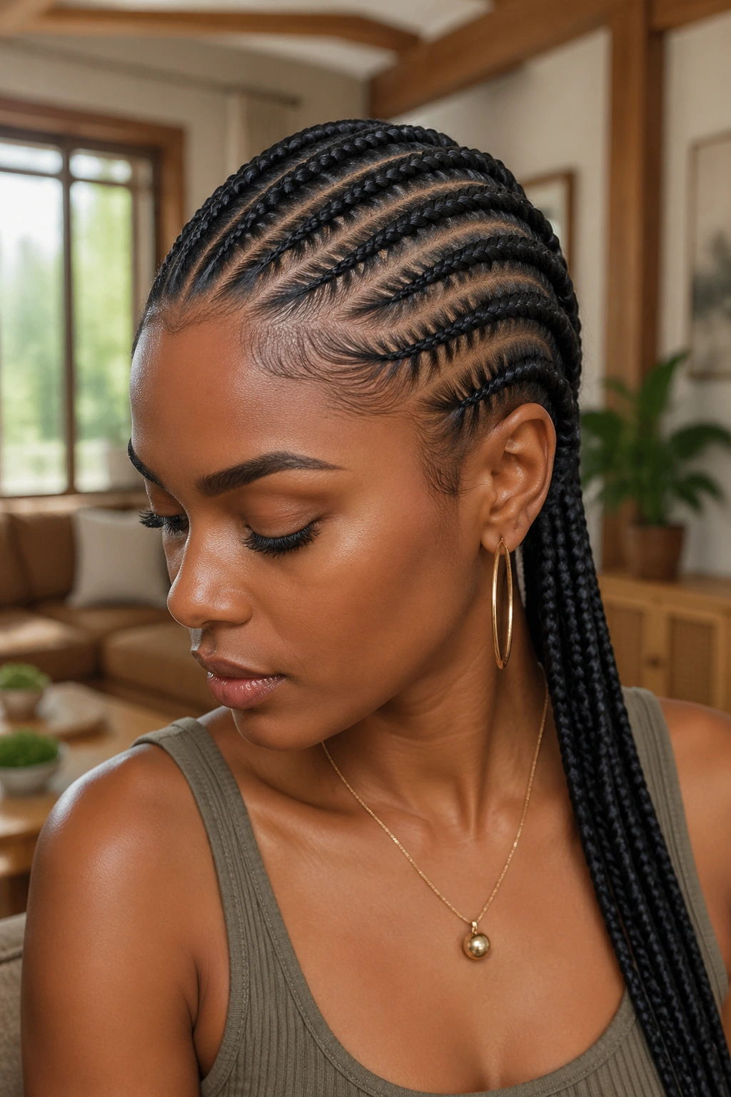 Close-up of a real Black woman with stitch cornrows showing raised stitches and depth under natural light