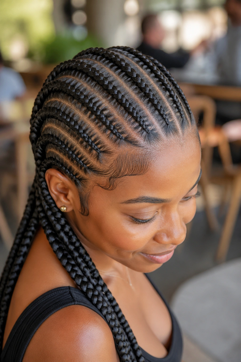 Portrait of a real woman with stitch-textured cornrows
