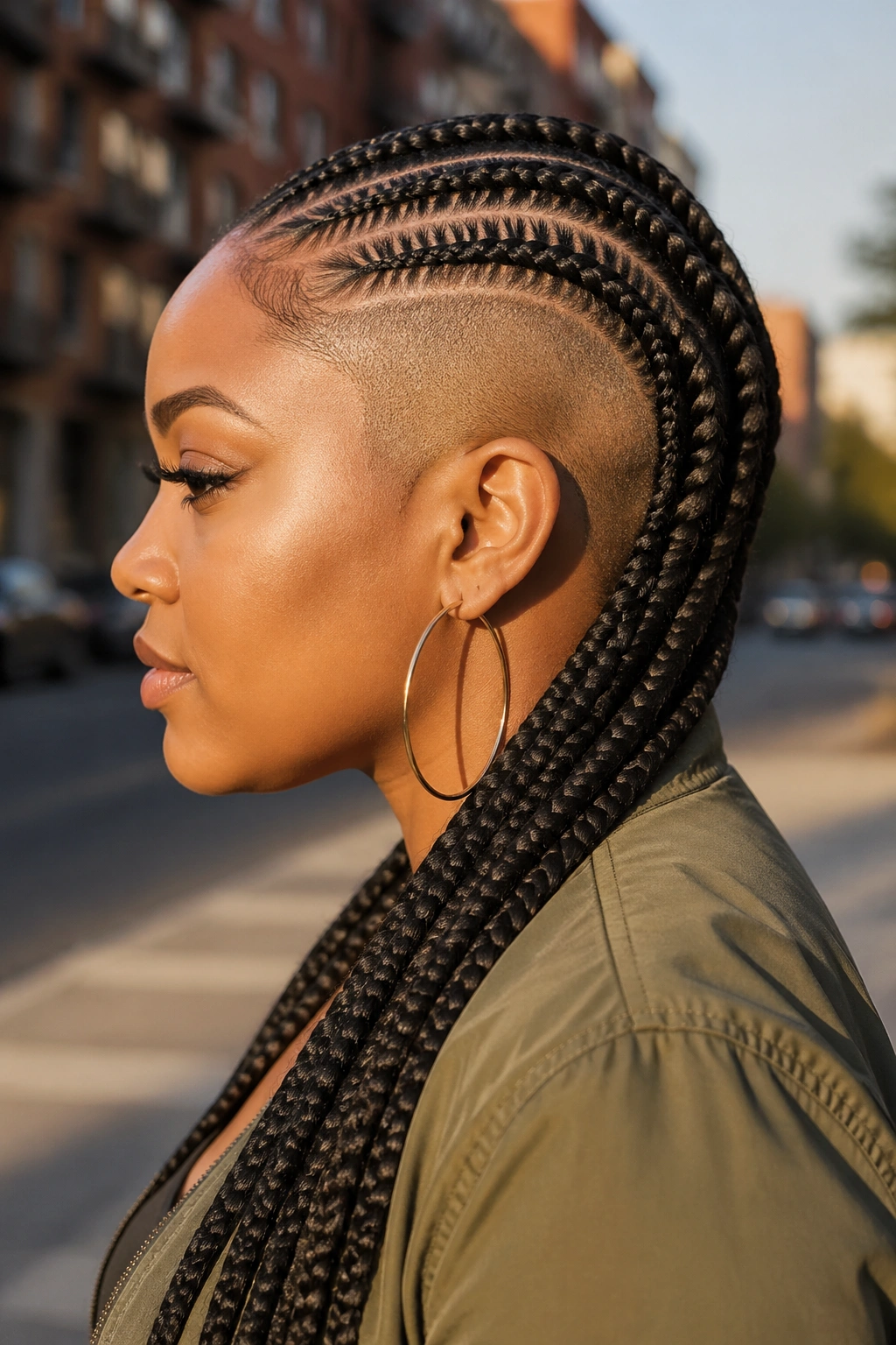 Side-profile of woman with shaved side and stitch cornrows