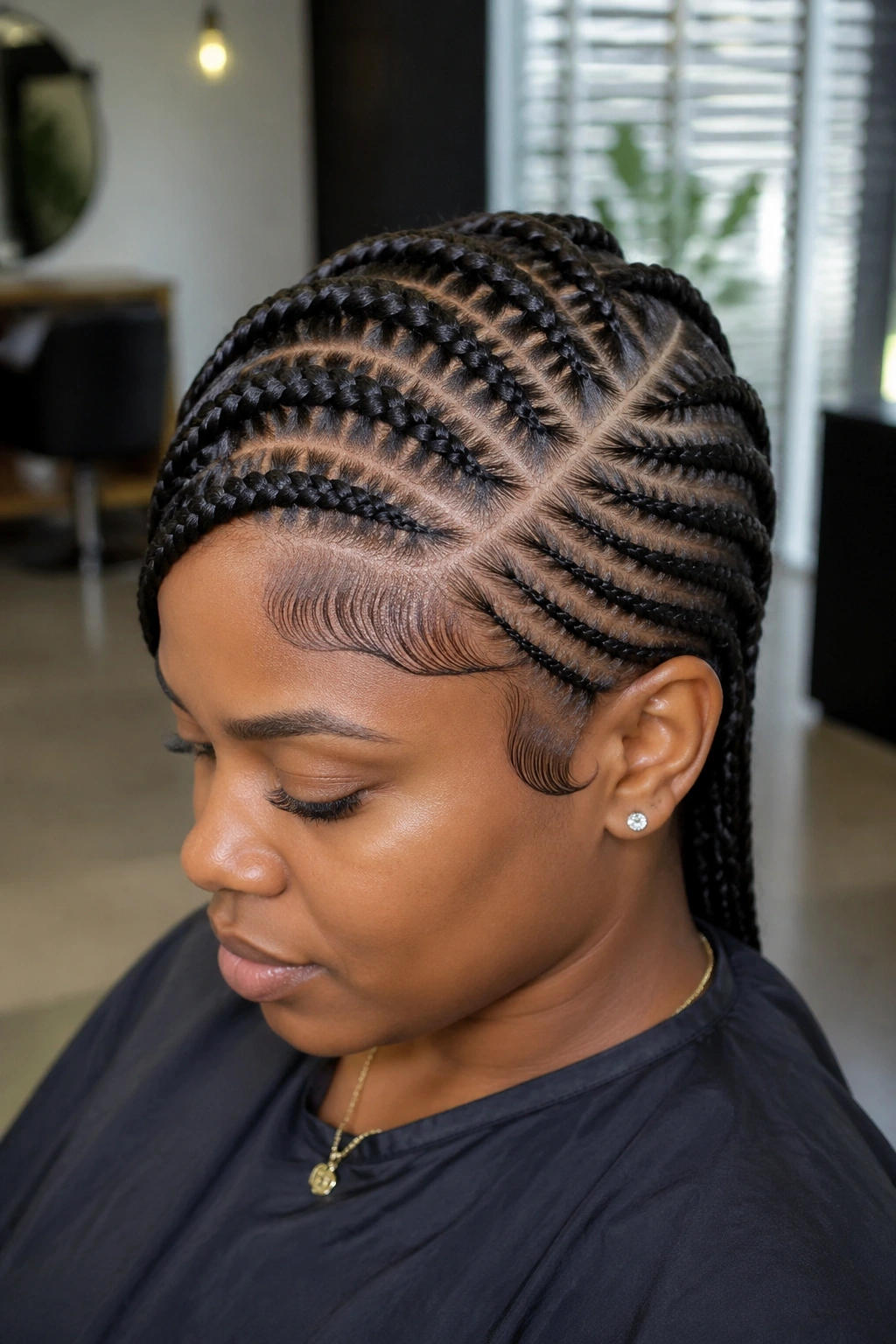 Close-up of stitch cornrows with a deep side part on a real woman, diagonal stitches and swooped edges