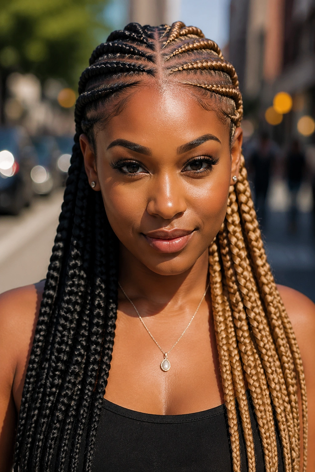 Front portrait of two-tone stitch cornrows on a real person