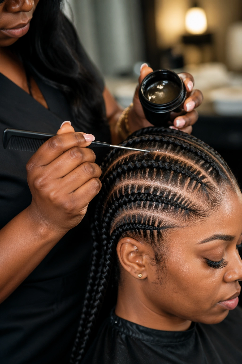Hands using a rat-tail comb and gel on stitch cornrows on a real client