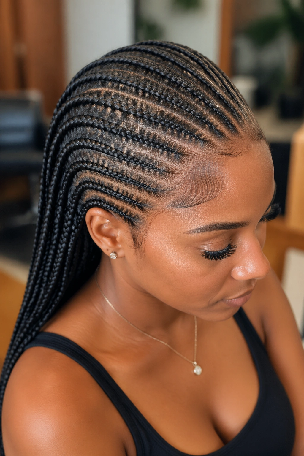 Close-up of real person with stitched-detail micro-cornrows in a salon