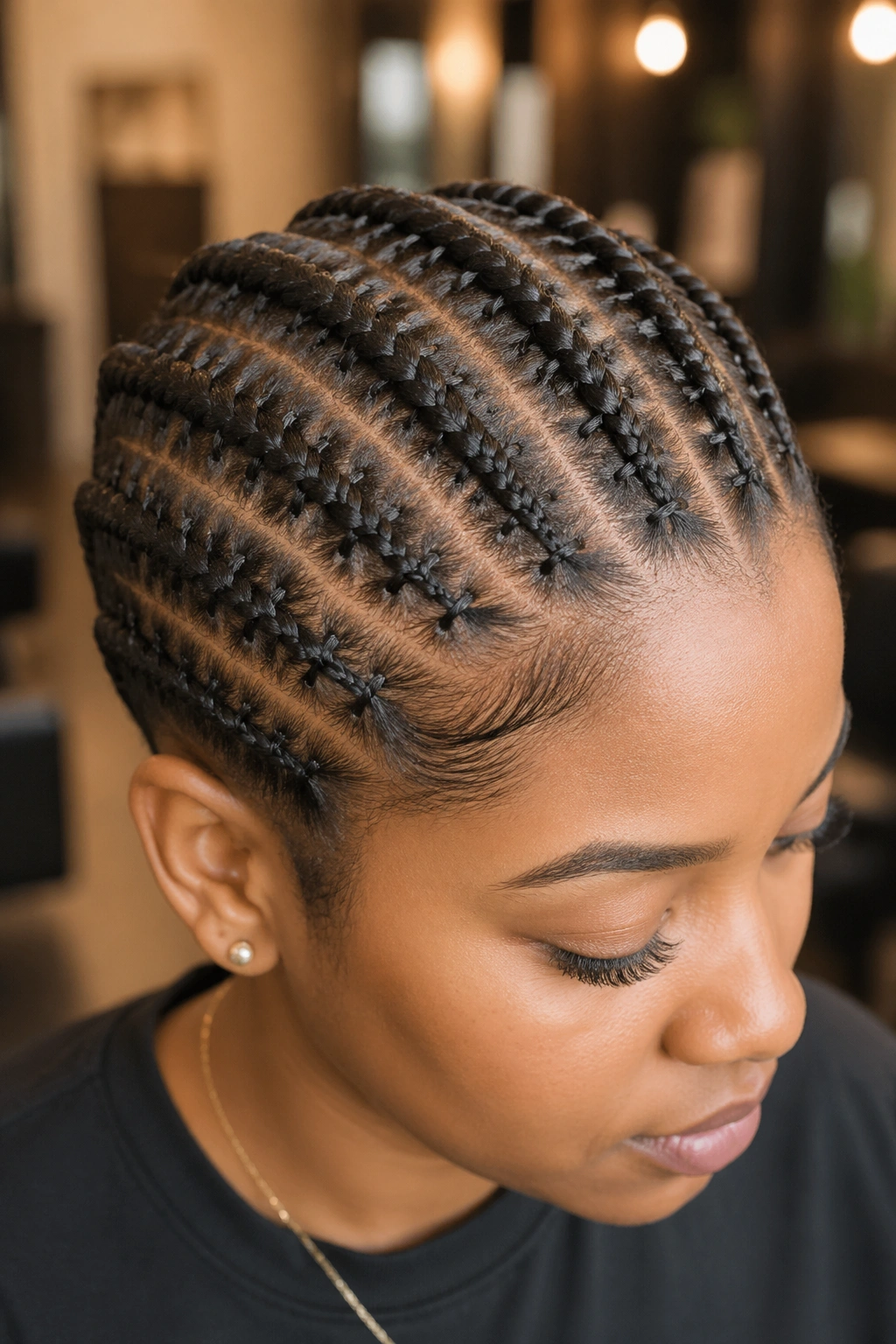 Close-up of stitched cornrows on short hair worn by a real person in a salon