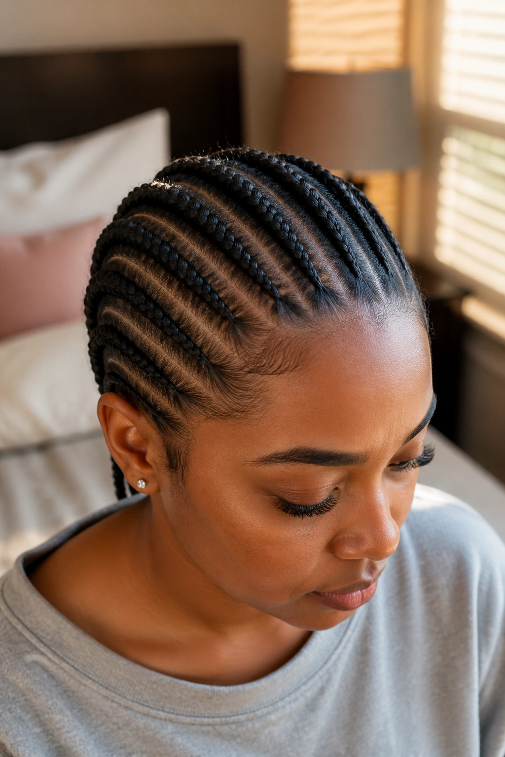 Close-up of straight-back cornrows on natural hair in warm window light