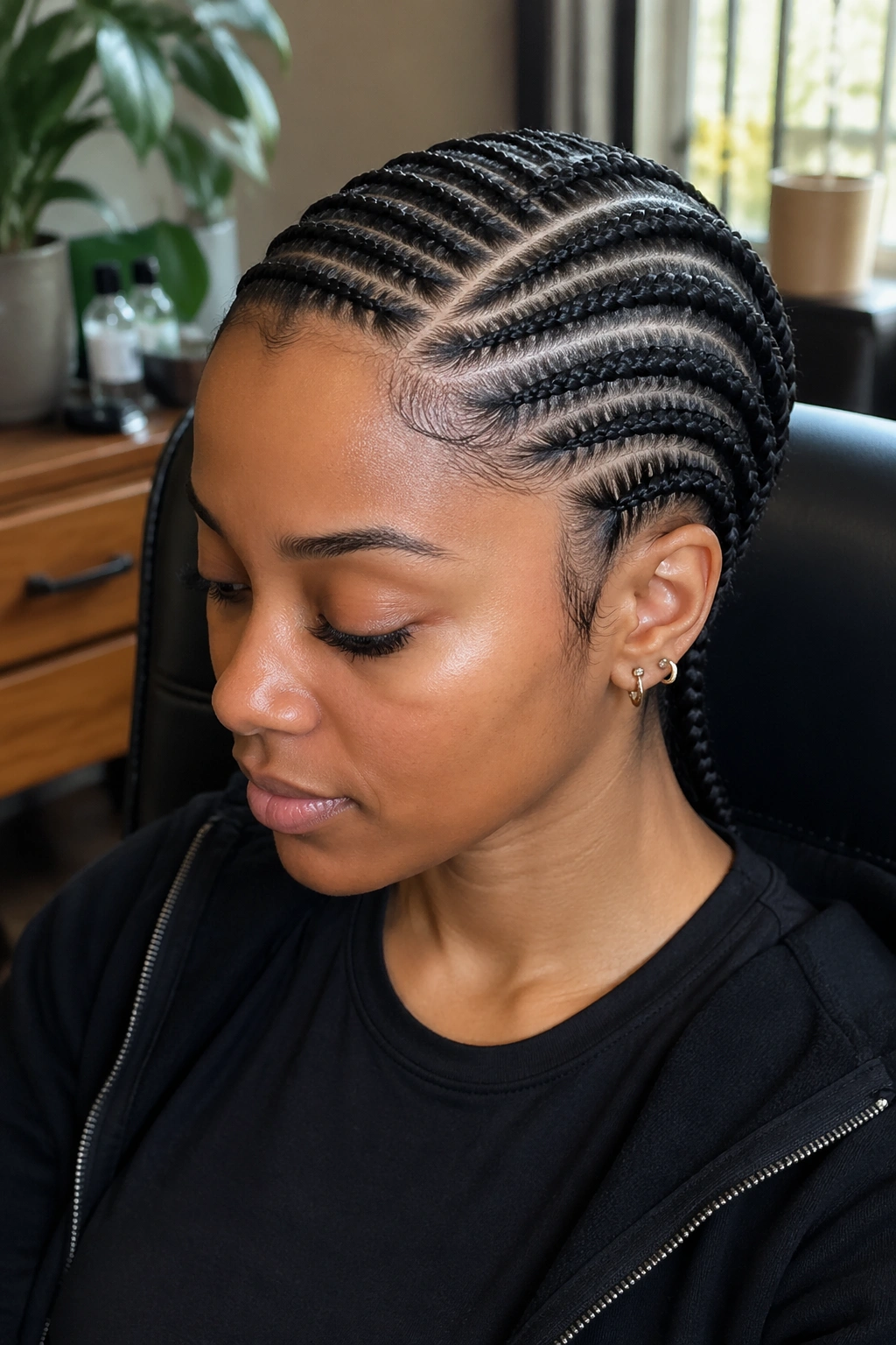 Close-up portrait of a real woman with straight back cornrows and a side part