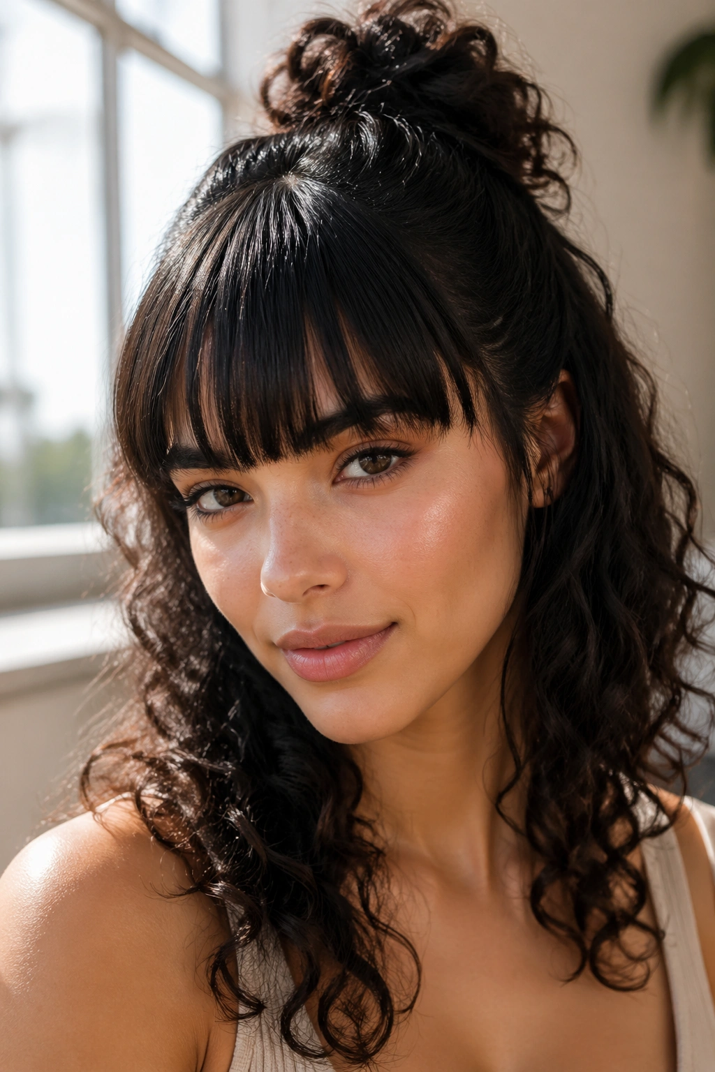 Close-up portrait of a real person with straight bangs and half-up curly hair