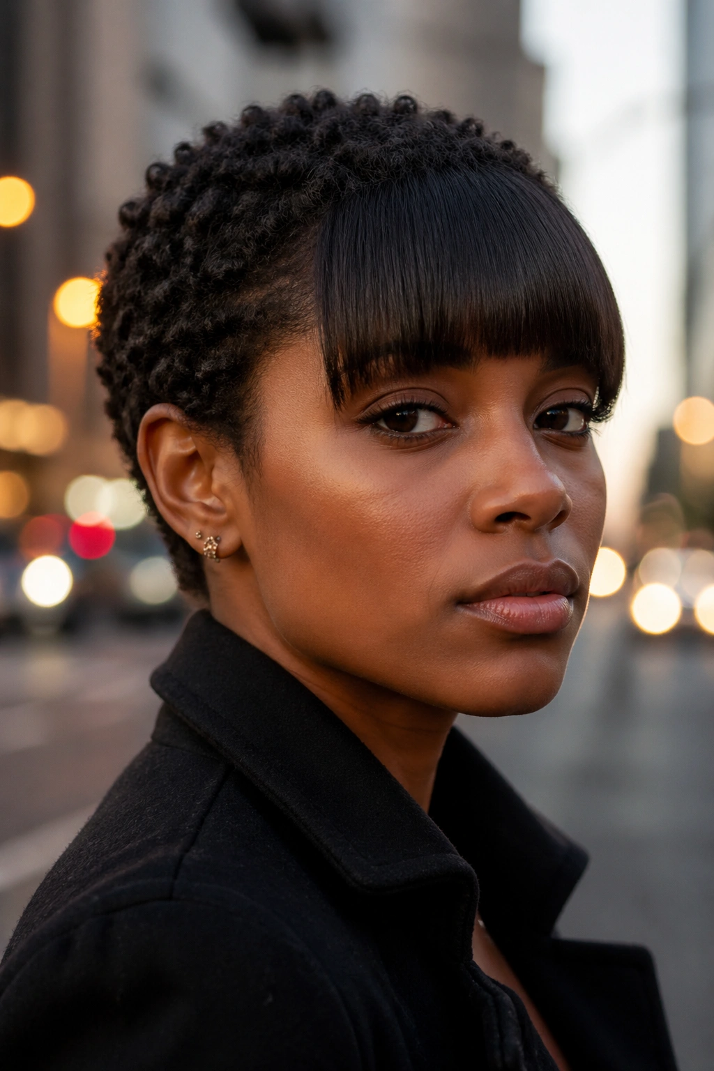 Close-up portrait of a real person with straight bangs on a short natural cut