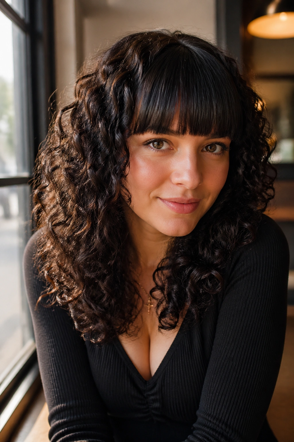 Portrait of a woman with straight bangs and defined curls in a sunlit cafe setting