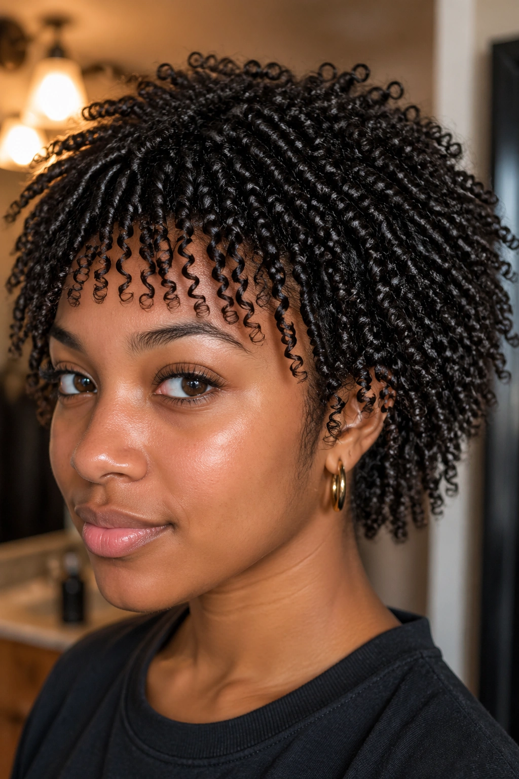 Close-up of a real woman with straw-set spiral curls