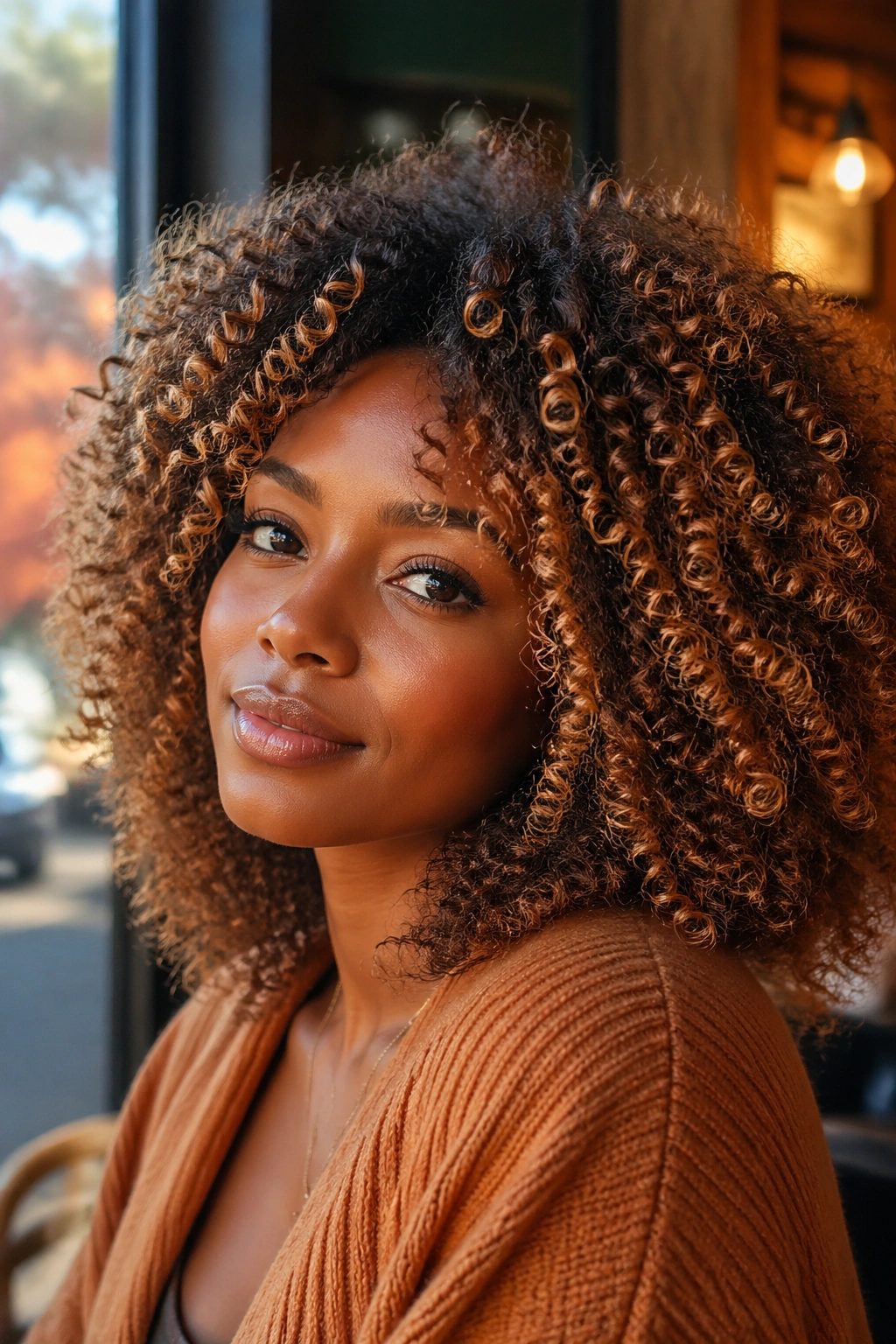 Close-up of real person with strawberry blonde highlights in curly hair under warm indoor light