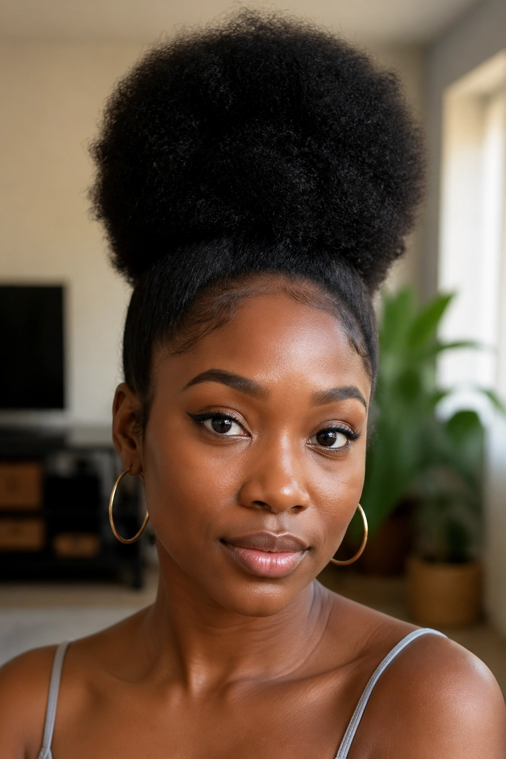 Close-up of a real woman with a stretched Afro Puff and tall silhouette