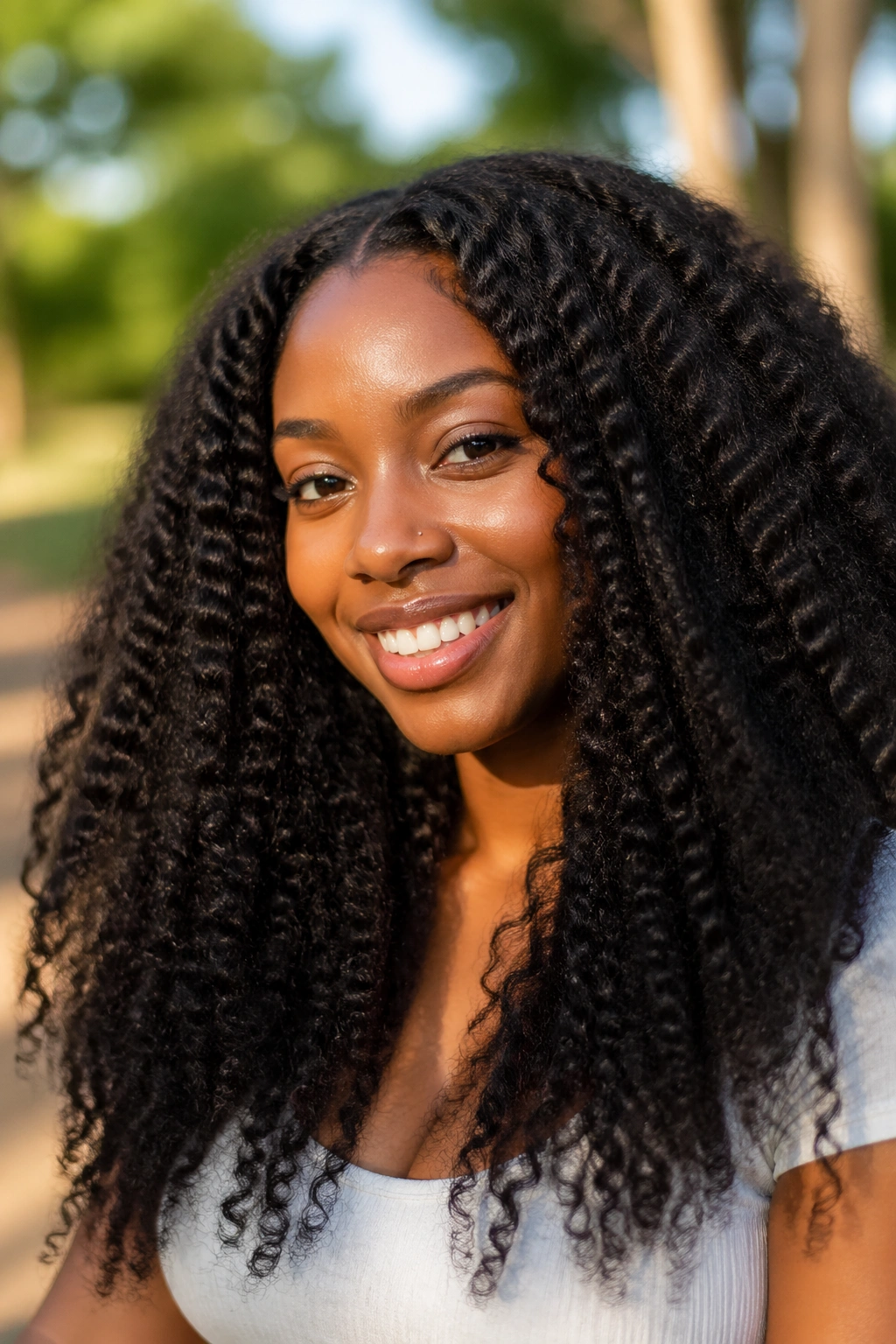 Close-up of a real woman with stretched braid-out waves showing length