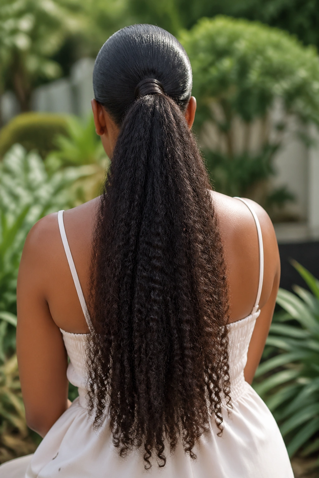 Back view of a real woman showing a long stretched ponytail.