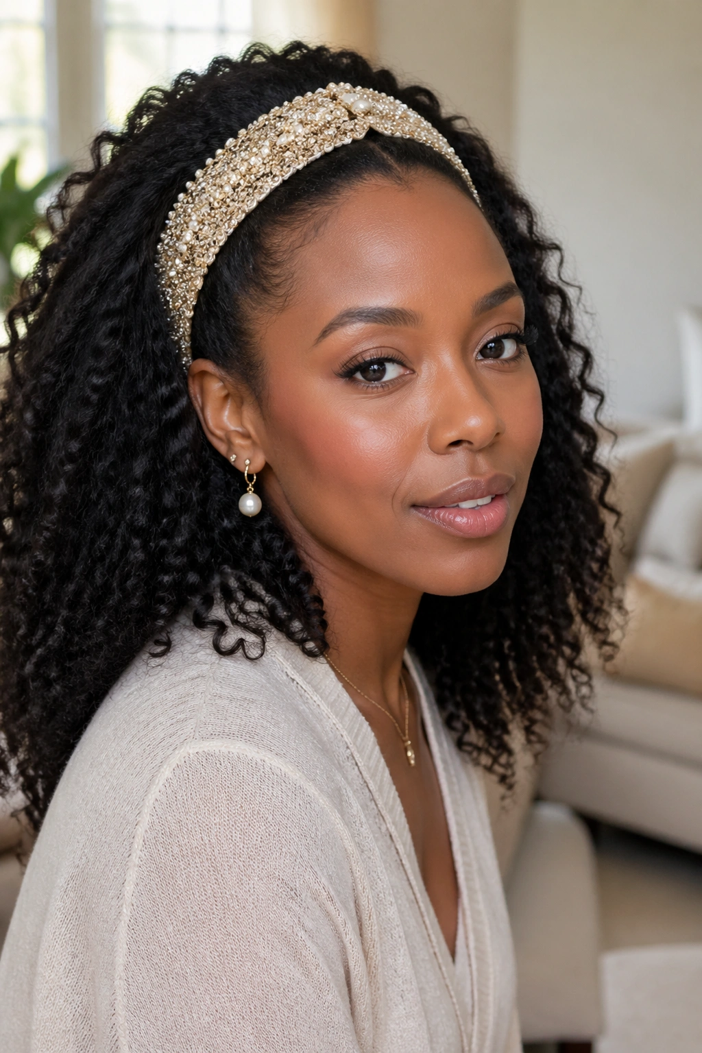 Close-up of a woman with stretched curls and a decorative headband.