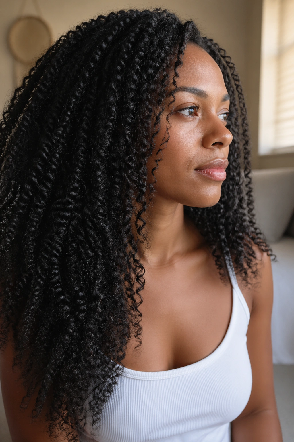 Close-up portrait of stretched curls framing a real person's head