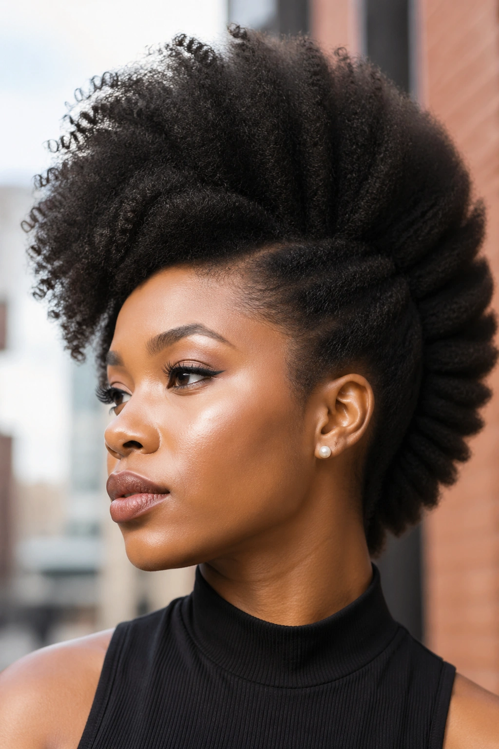 Close-up of a real person with stretched curly frohawk, center height emphasized.