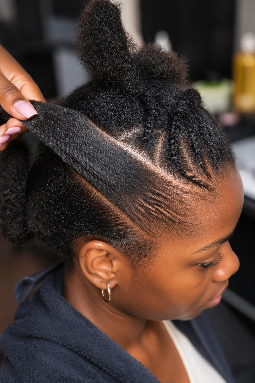 Close-up of stretched hair showing clear scalp lines prepared for braiding