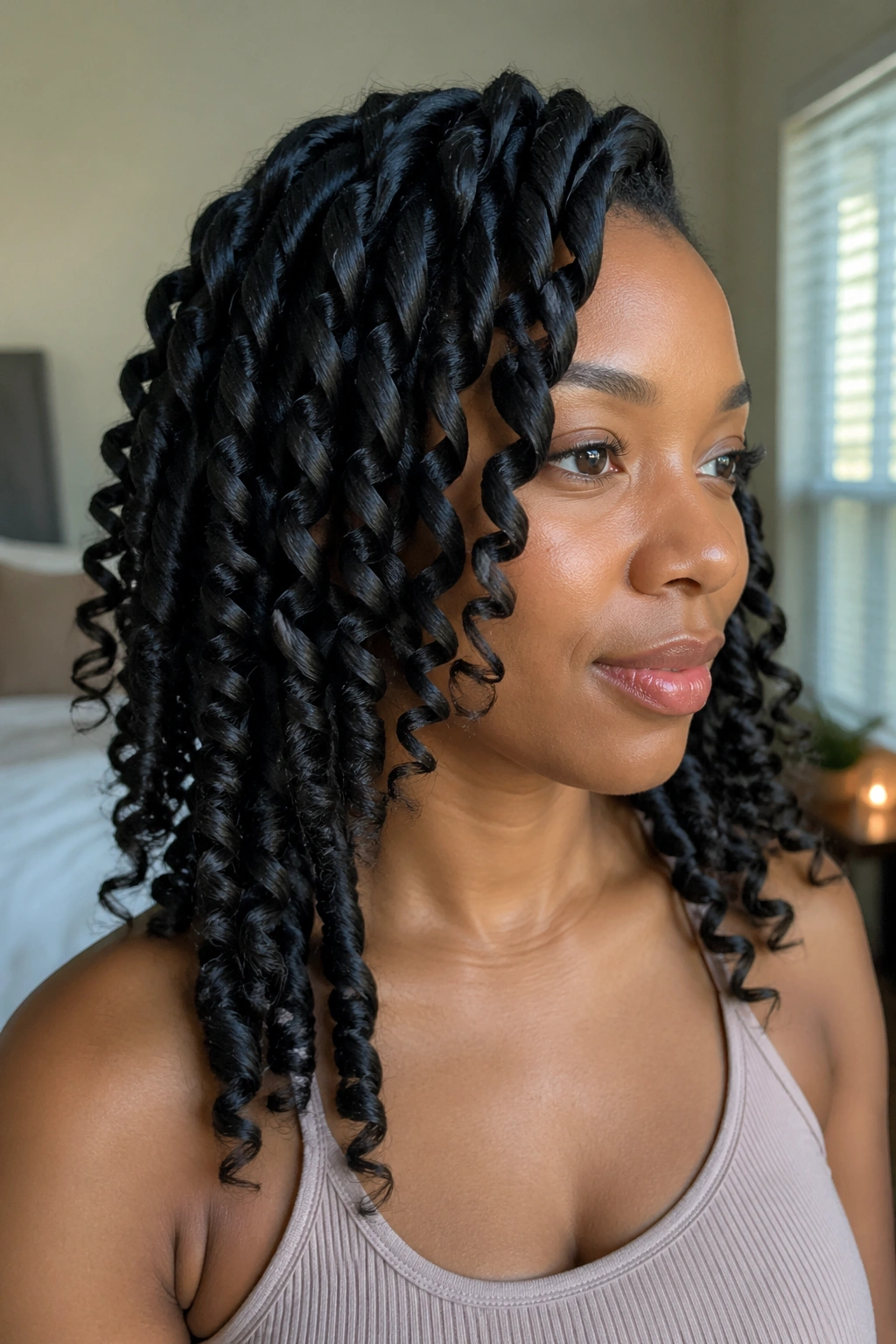Real person with stretched hair sock curls showing length