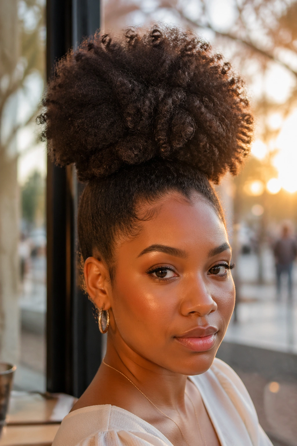 Close-up of a real woman with stretched high puff showing height and volume