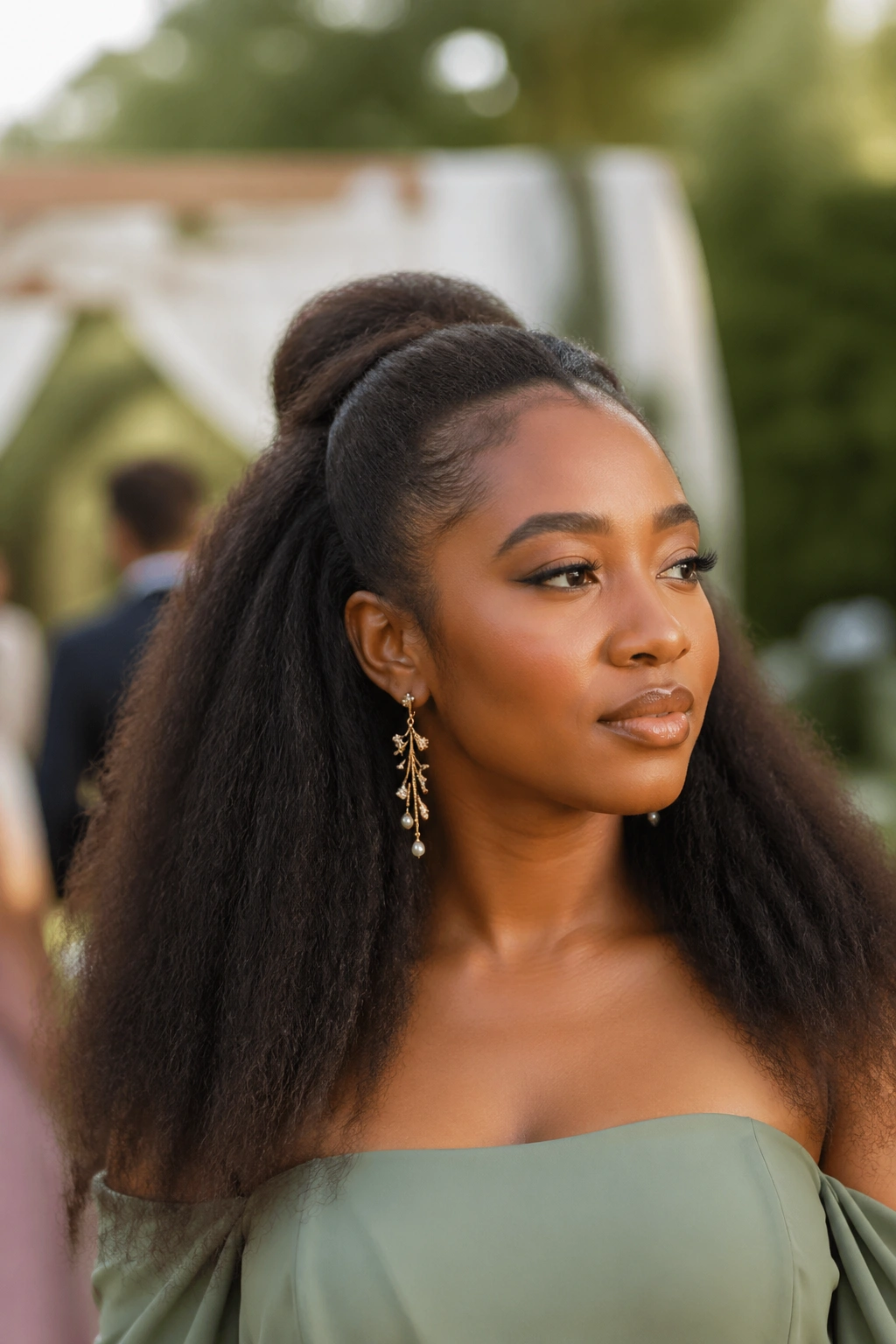 Real person with stretched natural hairstyle at outdoor event