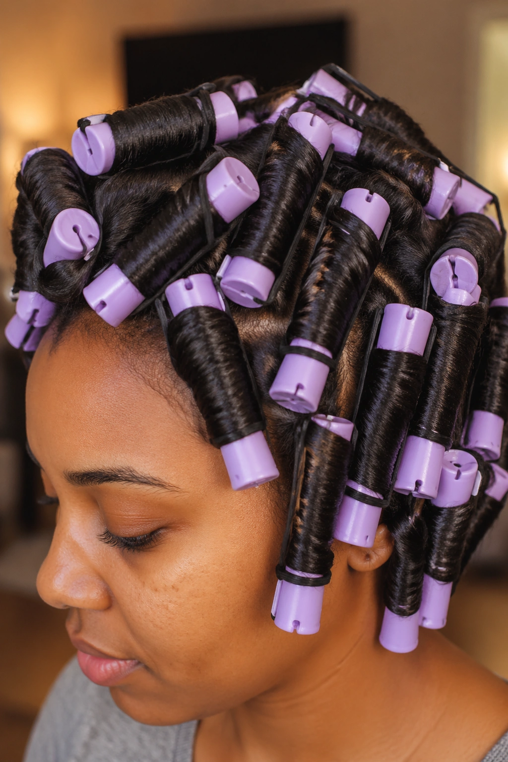Close-up of a real woman with stretched perm rod set showing defined curls