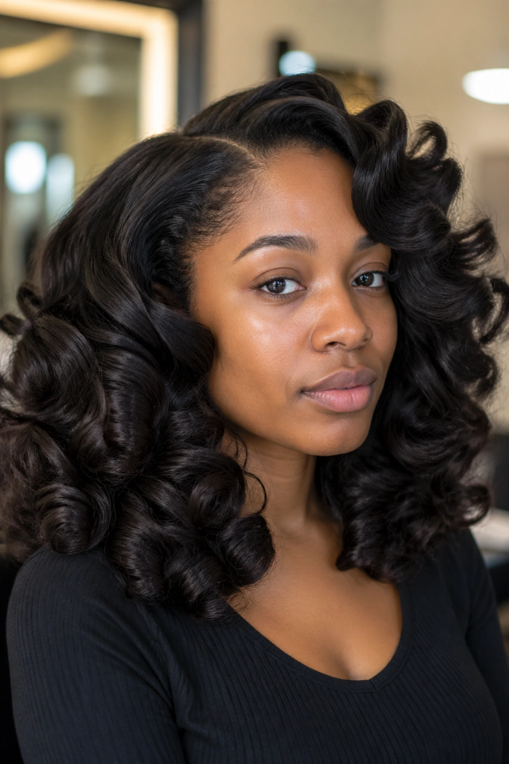 Close-up of real woman with stretched roller-set curls.