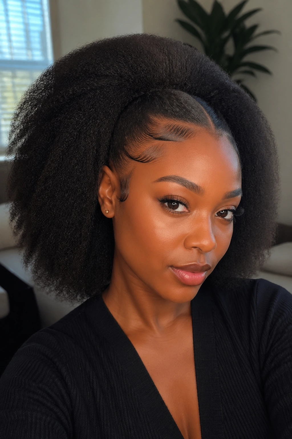 Close-up of real woman with stretched style and defined edges along hairline.