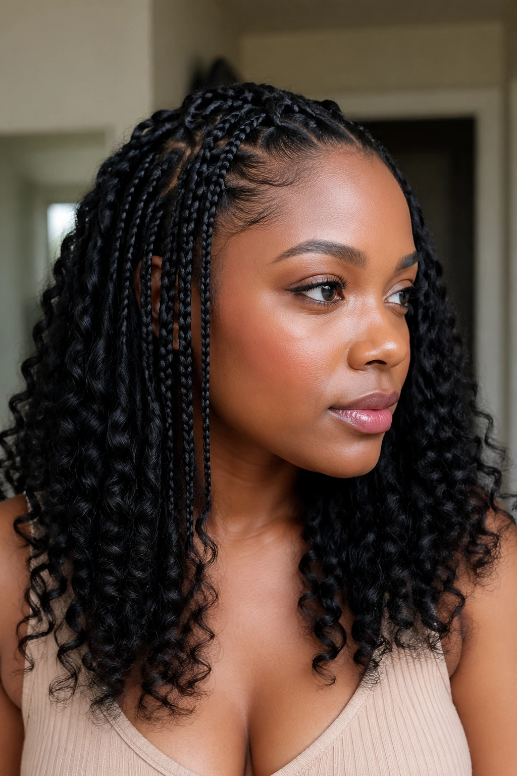 Portrait of a real woman with finished half braids half curls