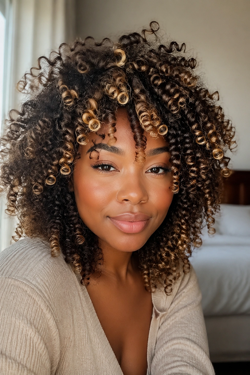 Close-up of real person with subtle scattered blonde highlights in curly hair by window light