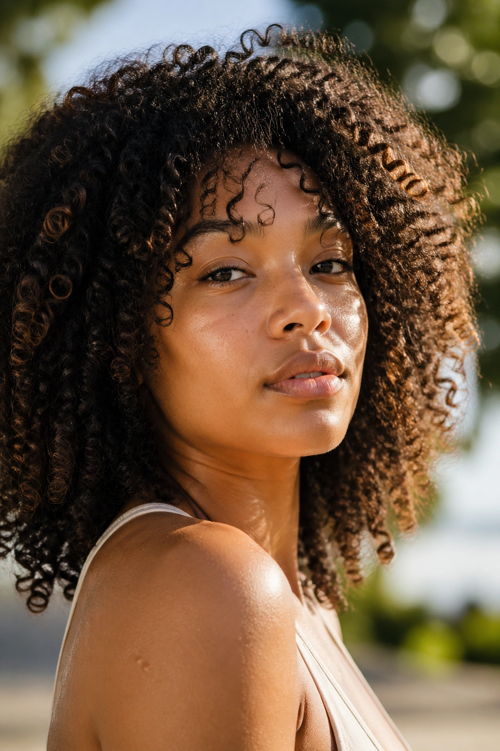 Close-up portrait of a real woman with curly natural hair in summer light