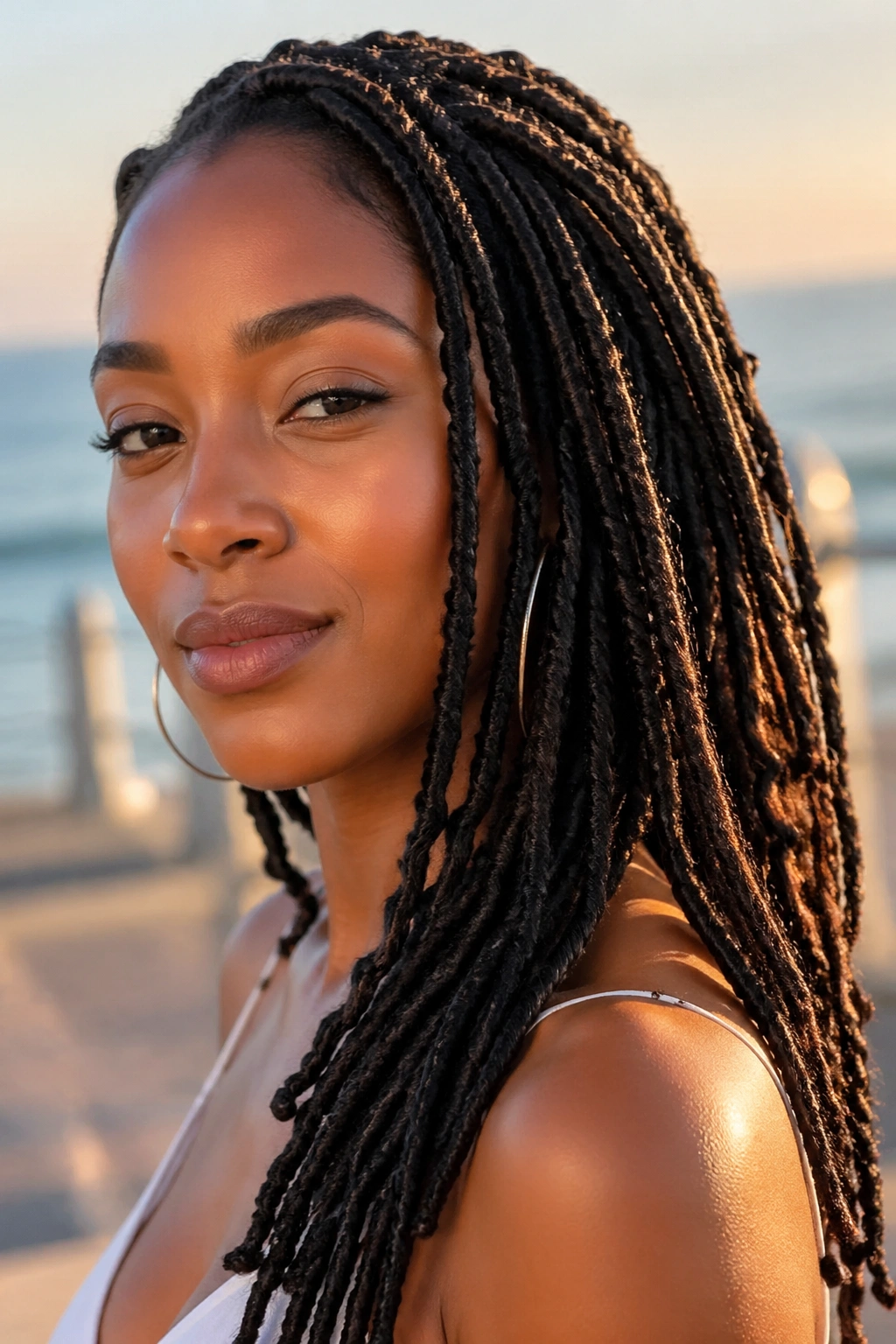 Close-up of a person with summer locs on a sunlit beach boardwalk.