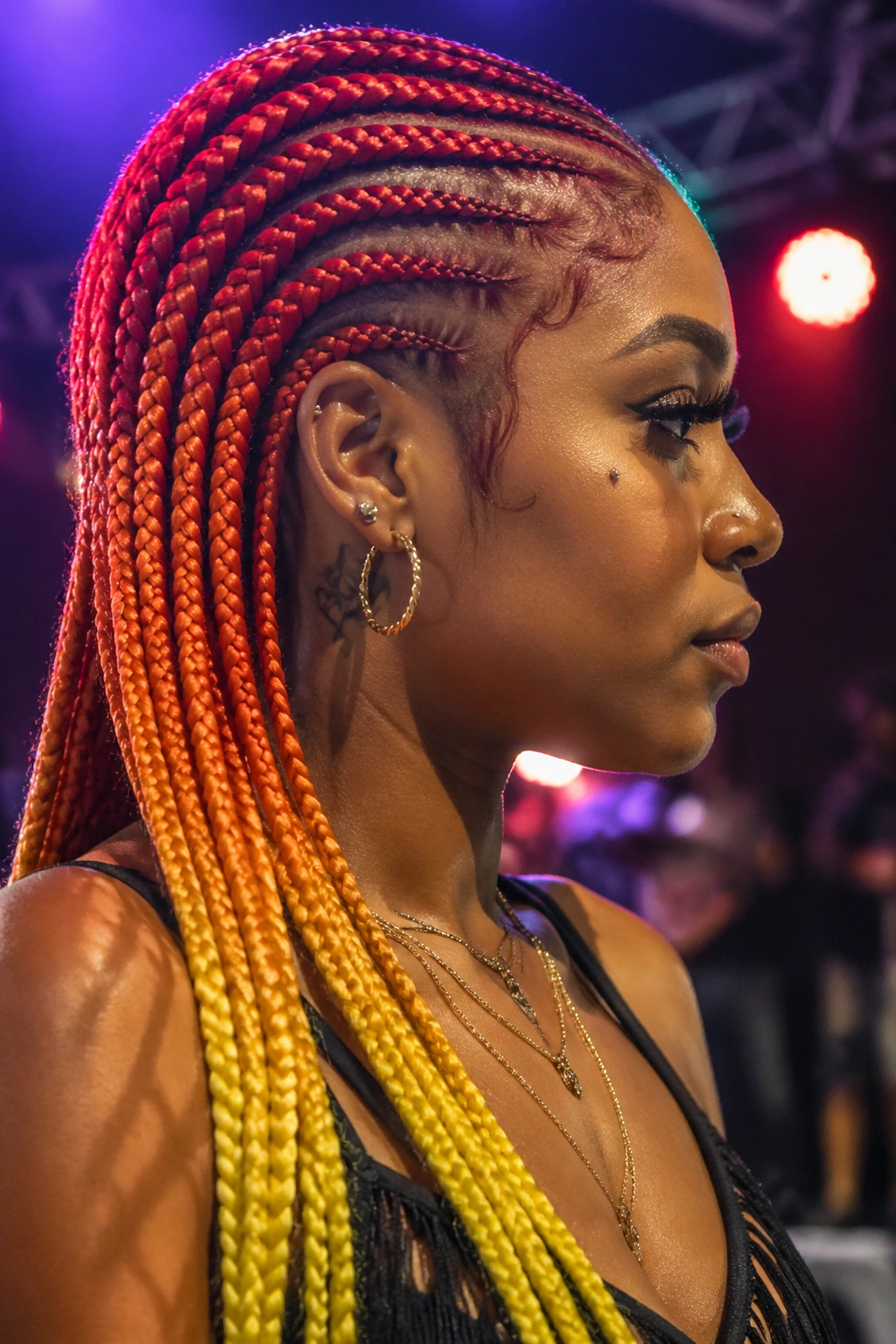 Close-up of a real person with red to orange to yellow sunset ombre cornrows