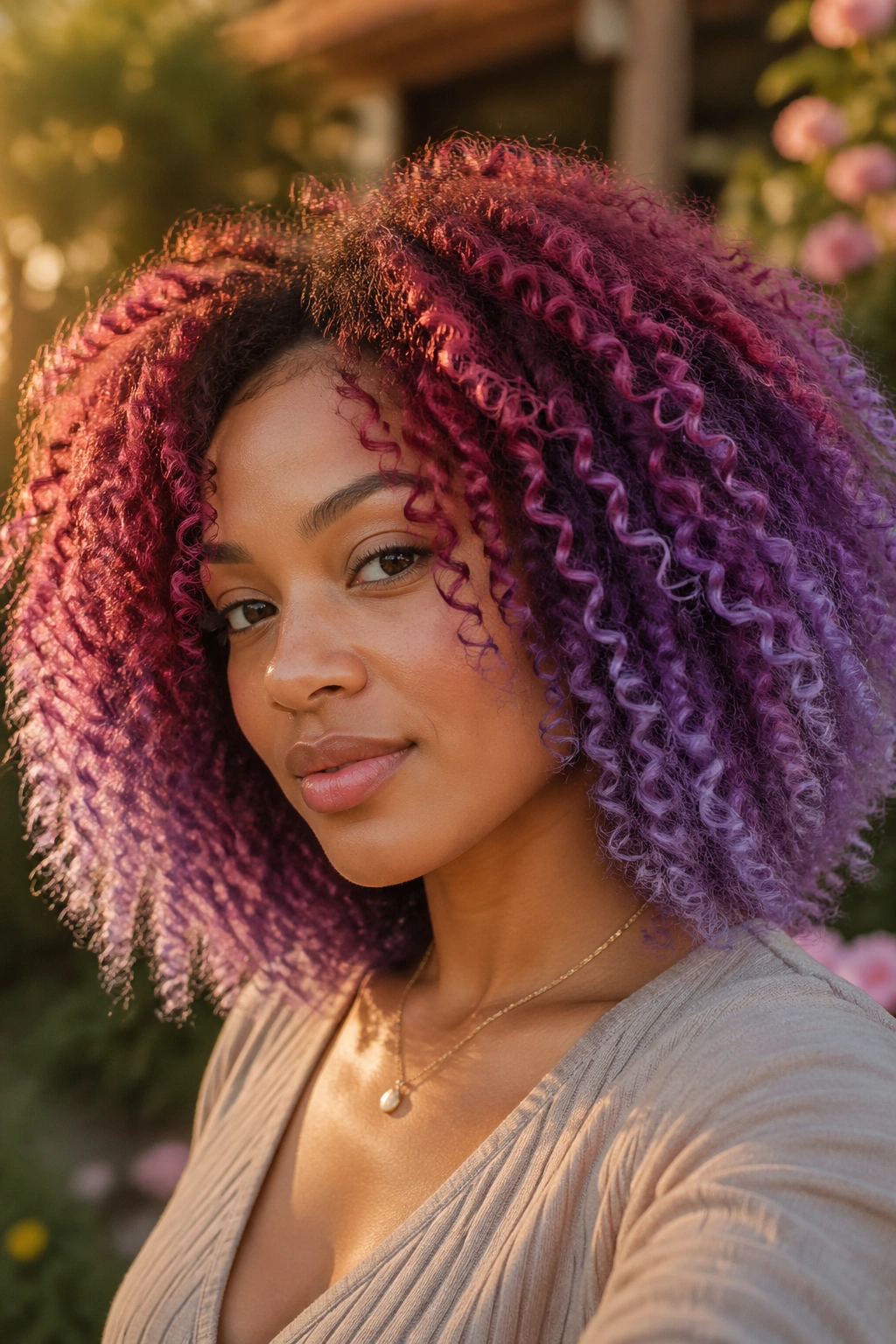 Close-up of a real woman with burgundy to violet to lavender curls
