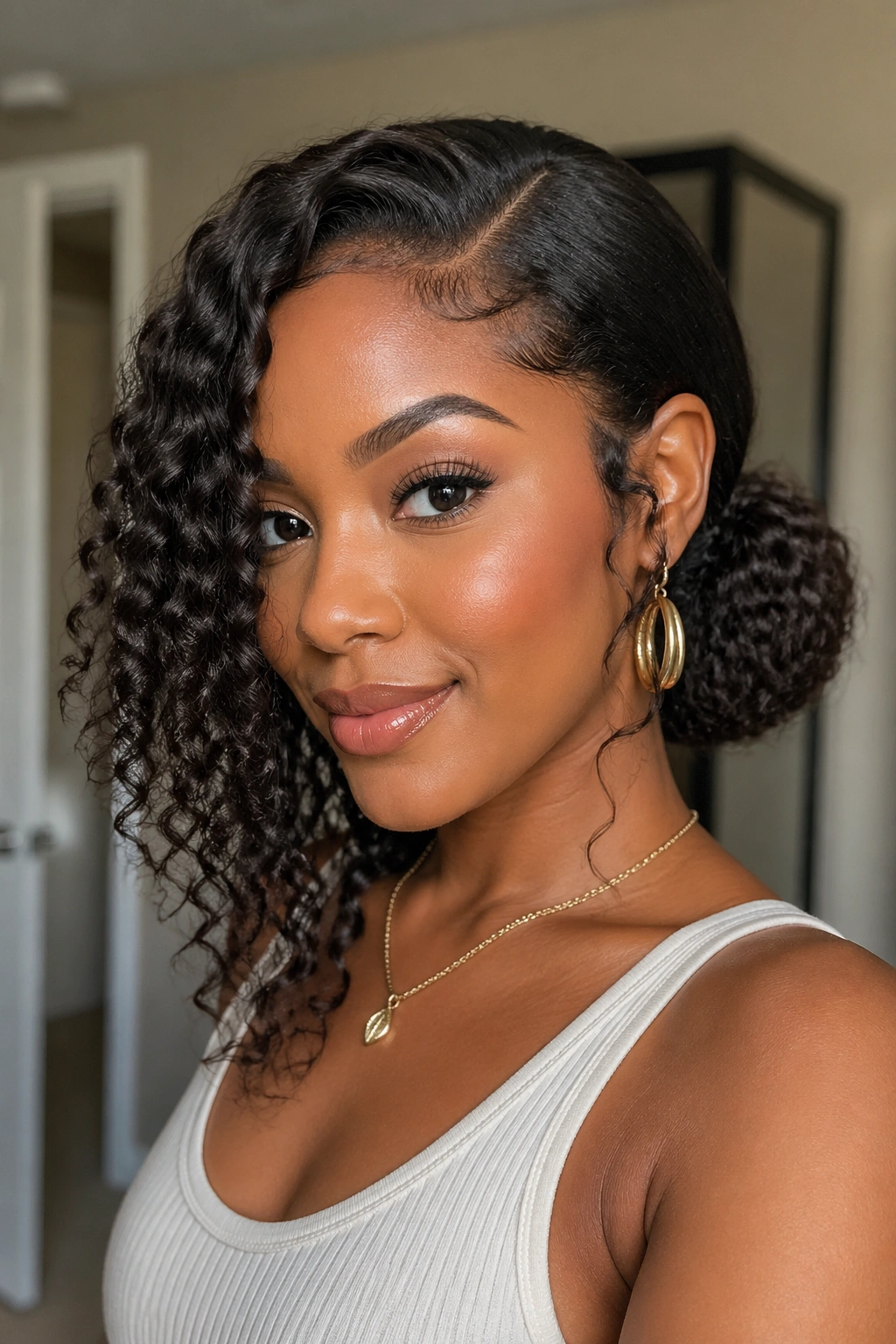 Close-up of a woman with a swept-side low bun and loose curls.