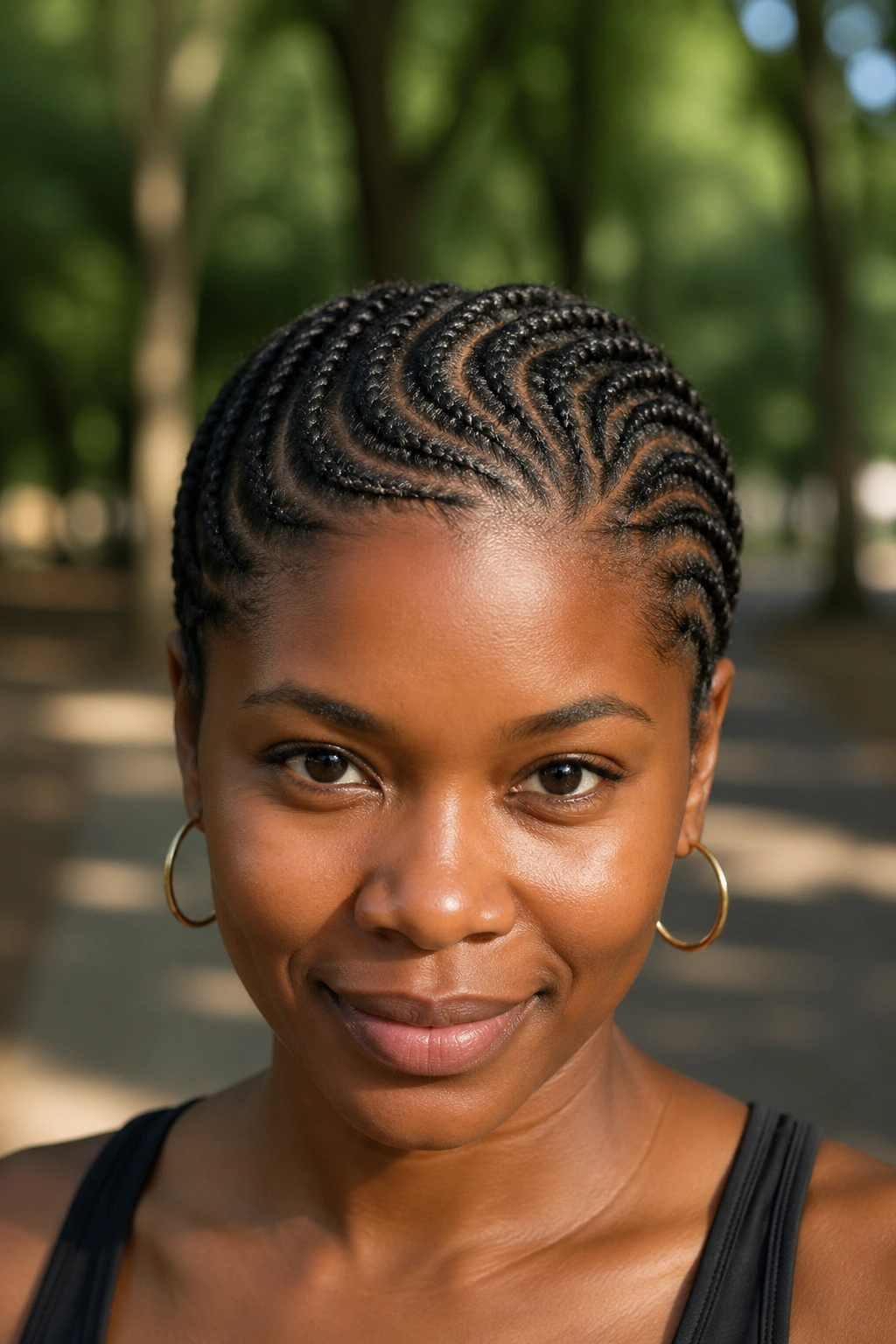 Close-up of swirl-part cornrows on a real person