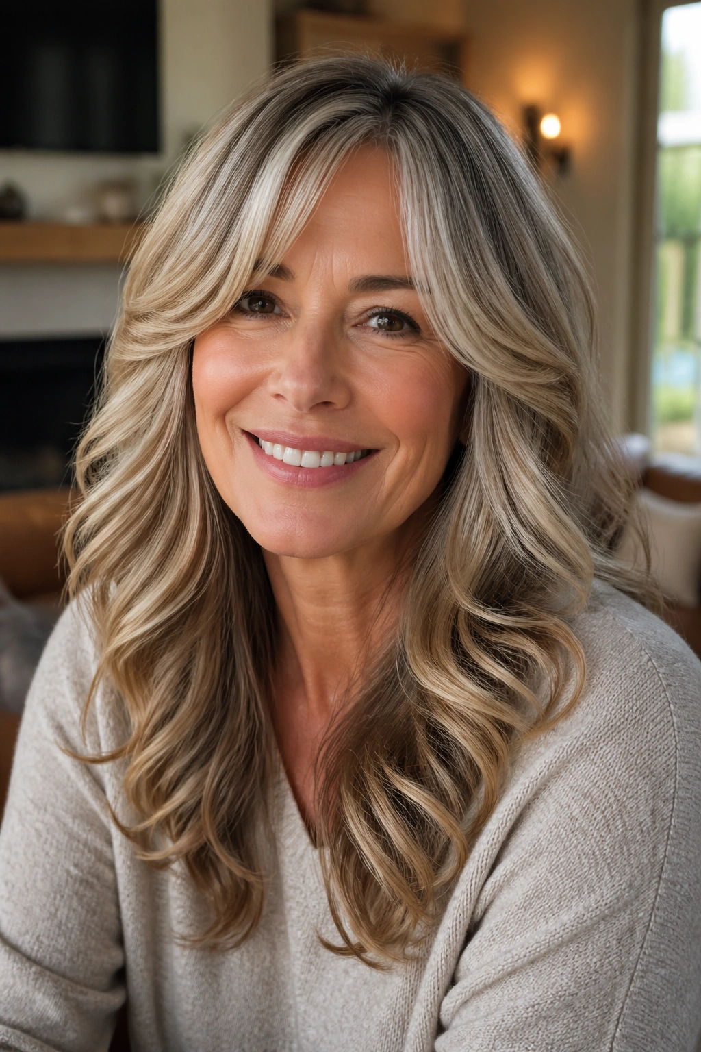 Close-up portrait of a real woman with swoopy long layered waves framing her face.