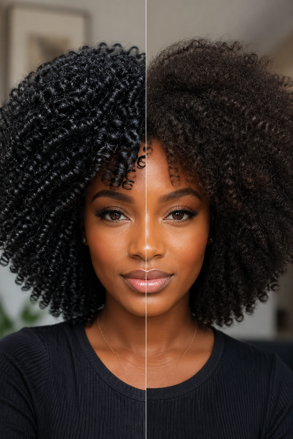 Close-up of real person wearing an Afro wig showing texture and shine