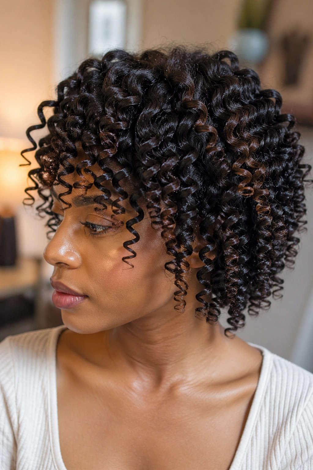 Real person with freshly released sock curls filling the frame