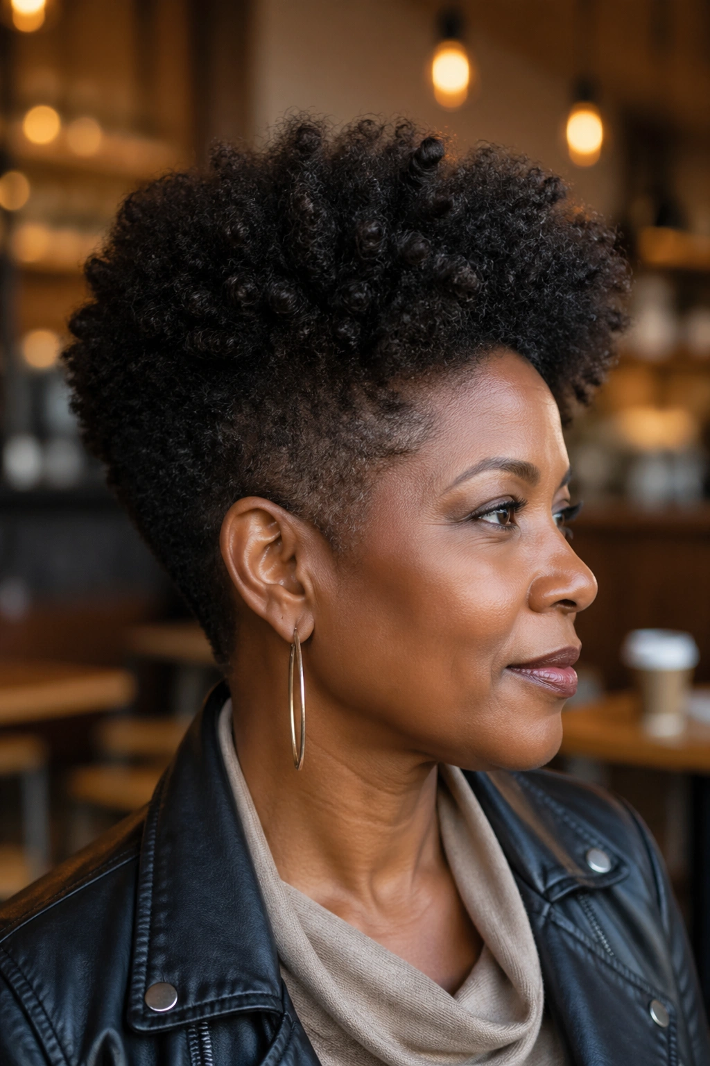Close-up of a real woman with a tapered Afro Shape hairstyle