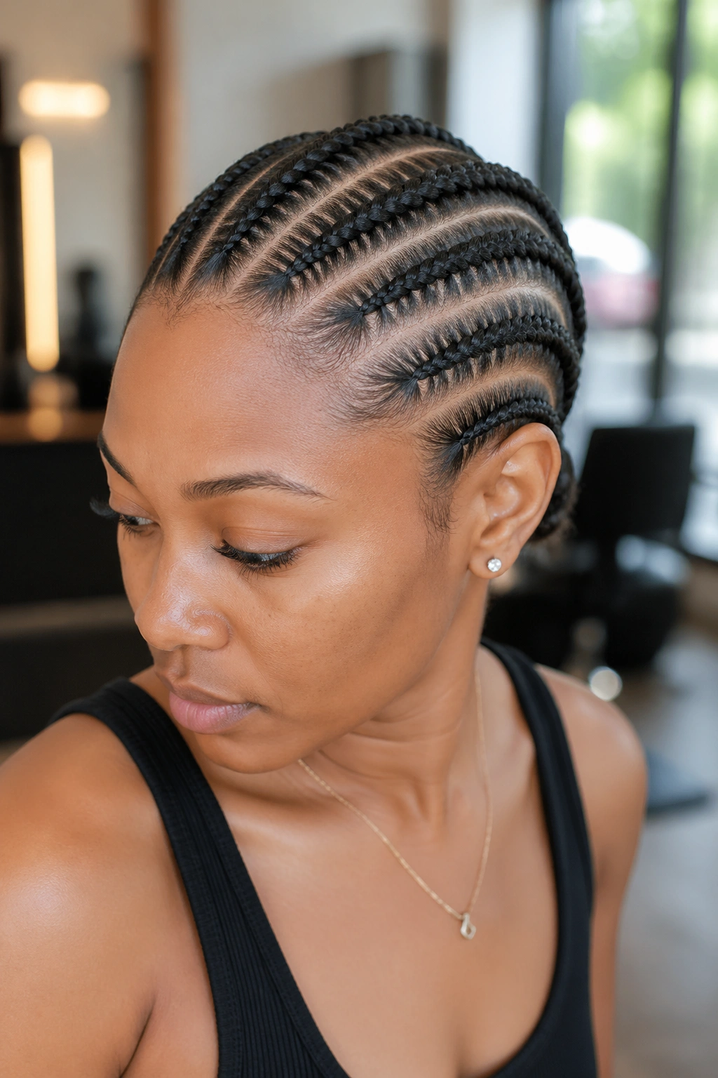 Close-up portrait of a real woman with five tapering straight back braids